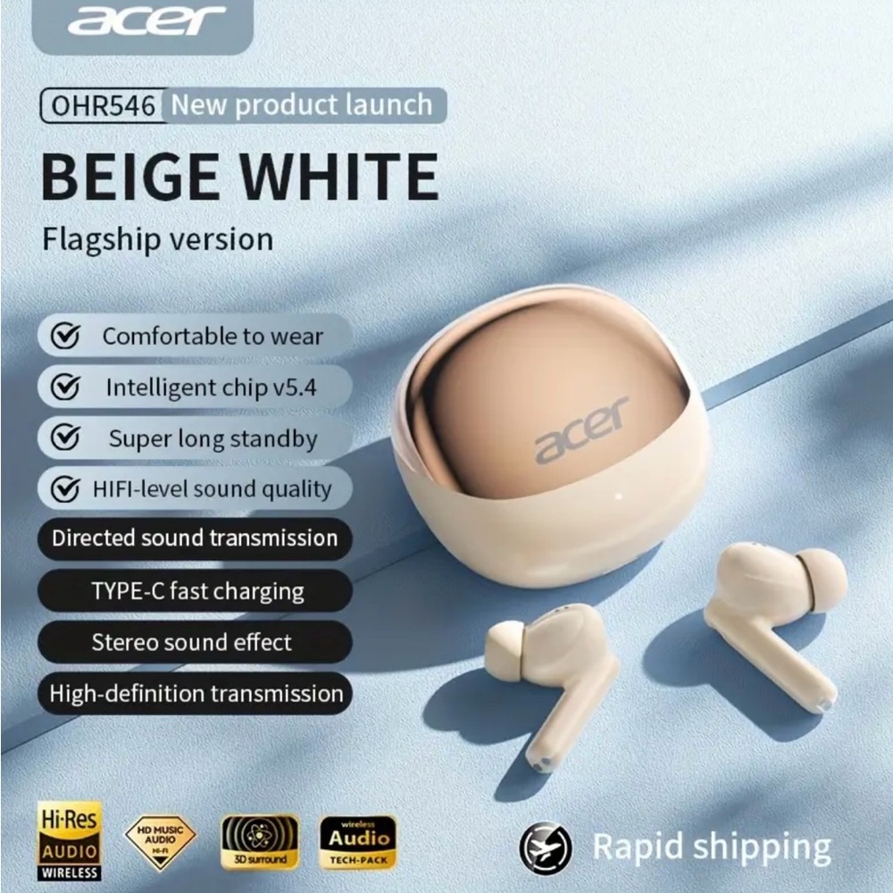 Acer In-Ear Headphones, Wireless TWS, Stereo Sound Effect, Beige White